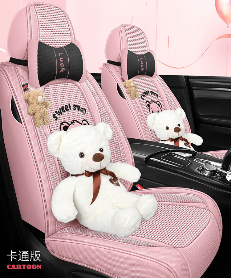 New All-Season Universal Car Seat Cushion, Full-Coverage Seat Cover, Cartoon Cute Linen, High-Grade Goddess Breathable Cotton