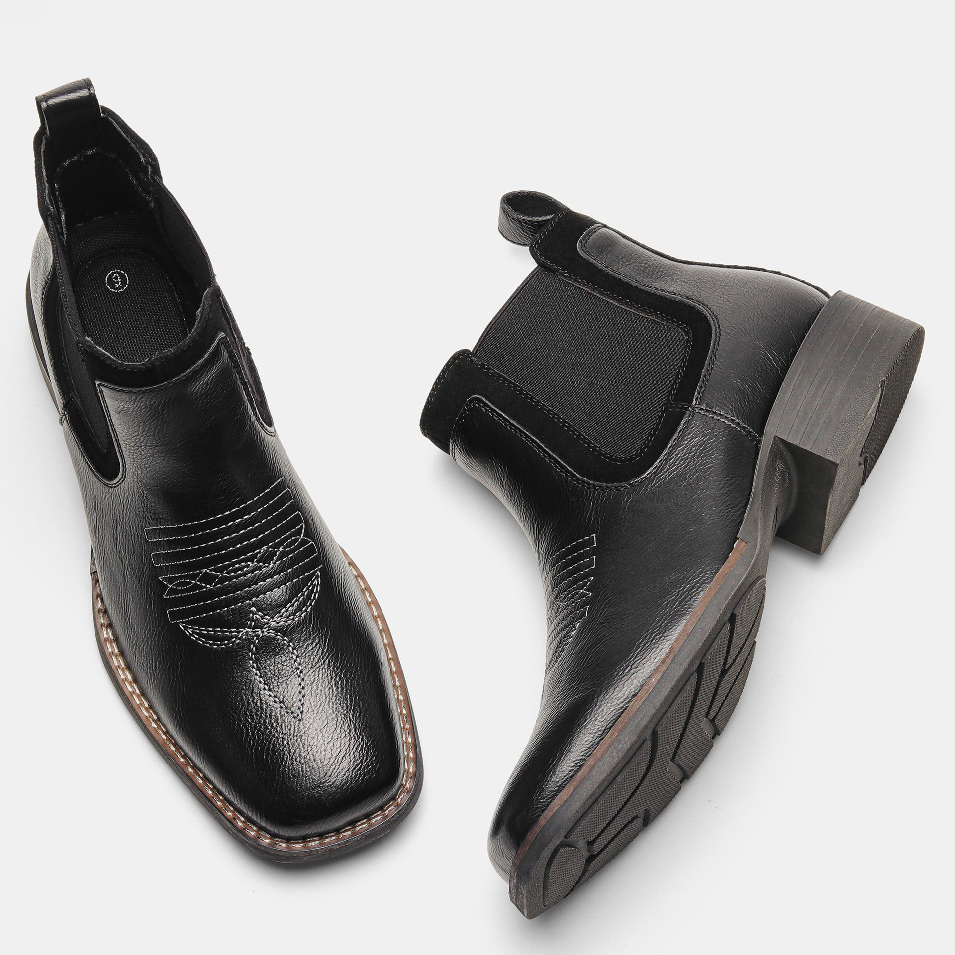 Men's Western Chelsea Ankle Boots, Retro Square Toe Embossed Chunky Heel Leather Boots, Western Style Cowboy Ankle Boots, Work Boots