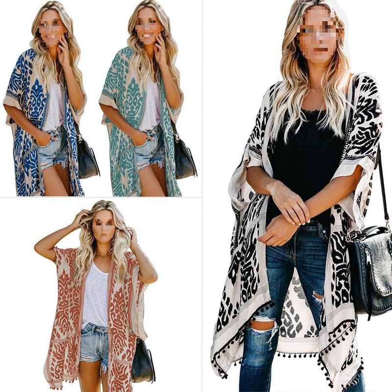 2025 European and American Bali Style Cardigan Short-Sleeve Printed Pom-Pom Kimono Cover-Up Mid-Length Coat for Women, Elegant and Suitable for Work
