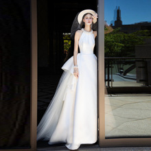 挂脖婚纱新娘主纱高级感2025新款春季法式缎面迎宾纱出门纱蓬蓬裙