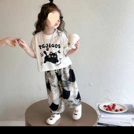 【猫咪图案】女童夏装短袖套装2025新款儿童T恤防蚊裤时髦两件套