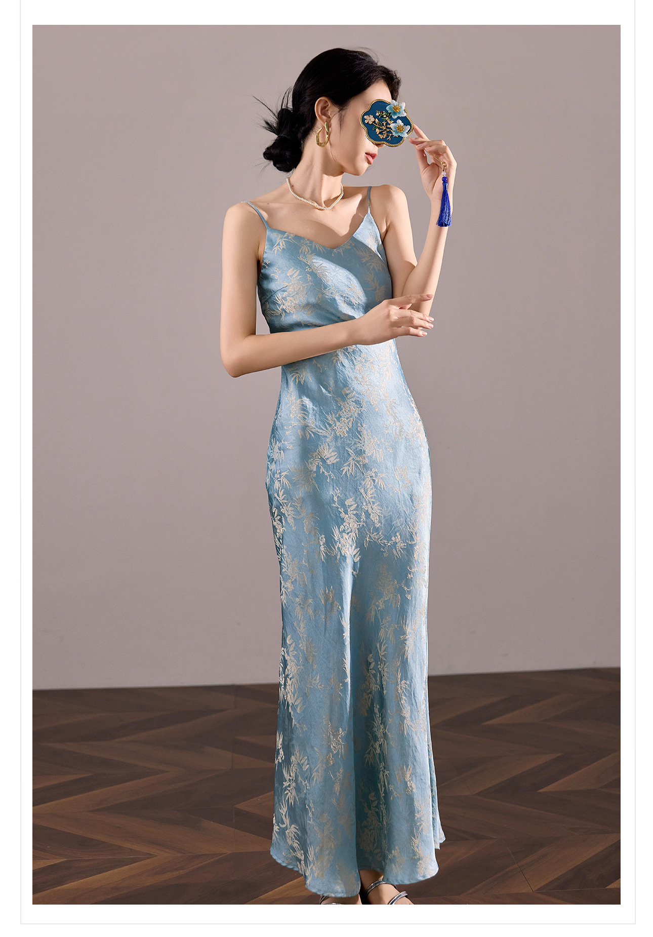 Váy maxi cạp cao vải rayon họa tiết lá tre xanh mùa hè, dáng suông tôn dáng ZX M4081 — Màu xanh nước hồ chi tiết 8