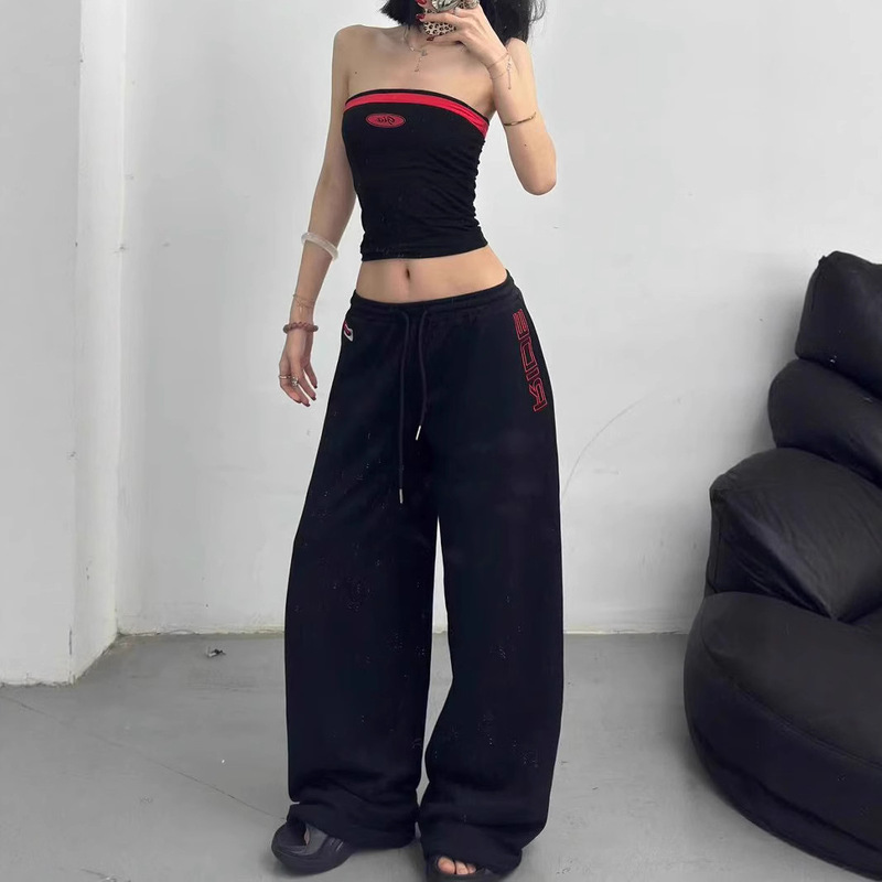 In-Stock Color-Blocked Strapless Vintage Embroidered Spicy Girl Straight-Leg Wide-Leg Floor-Length Loose Niche Design Set