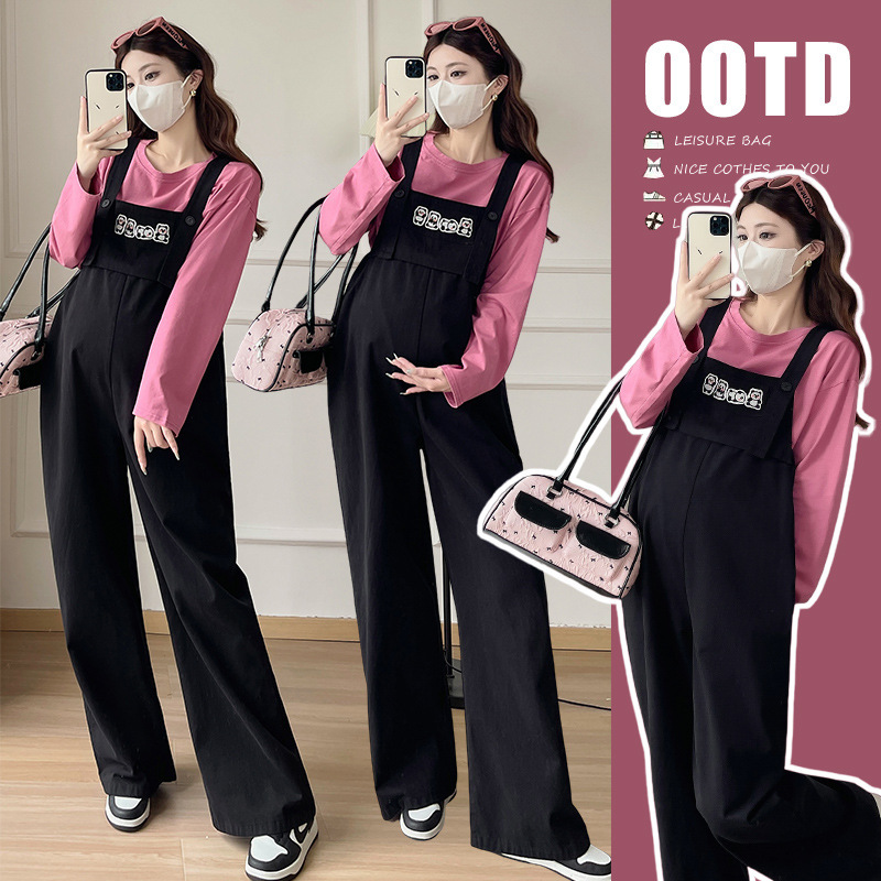 Maternity Age-Reducing Outfit Trendy Mom Spring and Autumn Fashion Versatile Cute Overalls Base Shirt Slimming Age-Reducing Two-Piece Set