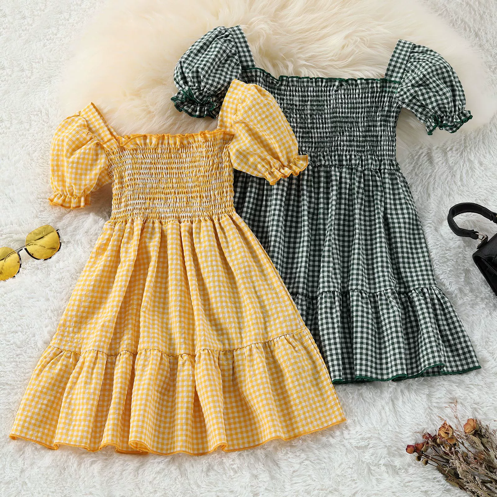 Летний желтый комплект, pleated школьная юбка с капюшоном, корейский стиль
