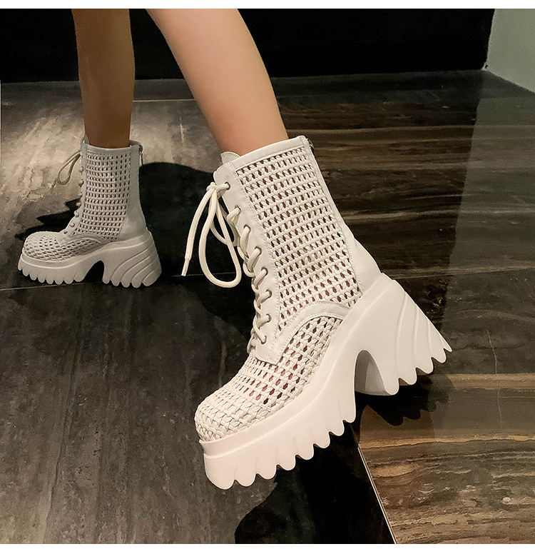 Boot nữ cổ thấp đế dày tăng chiều cao, gót thô đan thoáng khí — màu đen, màu trắng ngà, bạc chi tiết 17
