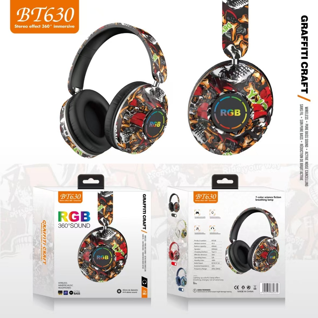 BT630 auriculares Bluetooth de estilo caliente auriculares inalámbricos marea nacional graffiti nuevo deporte de música estéreo luminoso