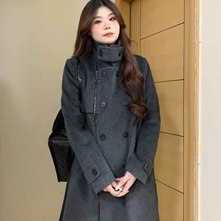 原版做法】立领格雷系双排扣毛呢外套女加厚秋冬新款保暖呢子大衣