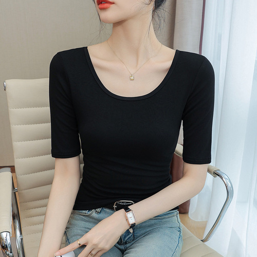 Black Mid-Sleeve T-Shirt for Women, 2025 Spring/Summer—Stylish Designer Top with Slim-Fit, Cropped 3/4-Sleeve Base Layer