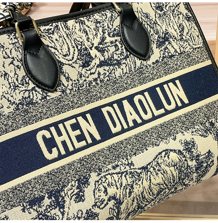 Túi tote nữ thêu họa tiết thời trang, sức chứa lớn, phong cách công sở — Màu xanh lam, Màu xám chi tiết 9
