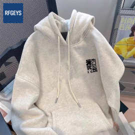 中大童装简约印花连帽卫衣女童秋冬季加绒宽松韩版新款百搭外套棉
