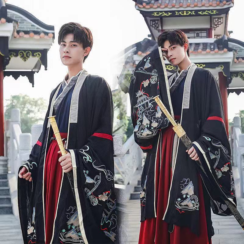 Hanfu Men's Fairy Style Antique Men's Black Dragon Embroidery Wei Jin Chinese Style Ancient Costume Performance Costume Full Set of Han Elements
