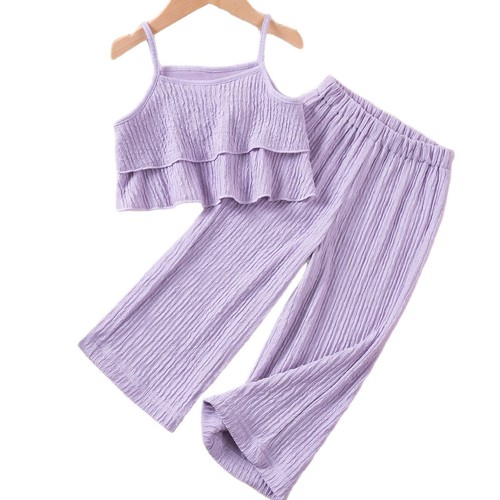 2015 Summer Trendy Girl's Solid Color Off-the-Shoulder Wide-Leg Pants Two-Piece Set for Young Children, Stylish and Versatile Outfit Set