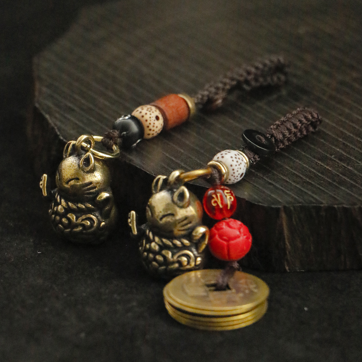 复古中式黄铜实心招财猫钥匙扣手工编绳铜五帝钱车钥匙挂件原创|ms