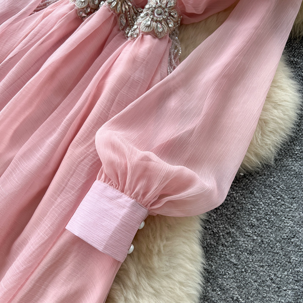 Elegant V Neck Dress Korean Style Rhinestone Embellished Waist Cinching Slimming Sophisticated Long Dress Lantern Sleeve_ecoleips.com