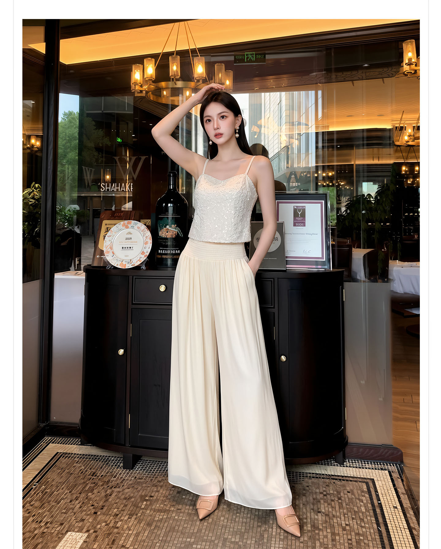 Bộ đầm maxi thắt eo phong cách quốc phong cao cấp — Gạo trắng Sling, bộ đồ, Quần dài màu hạnh chi tiết 6