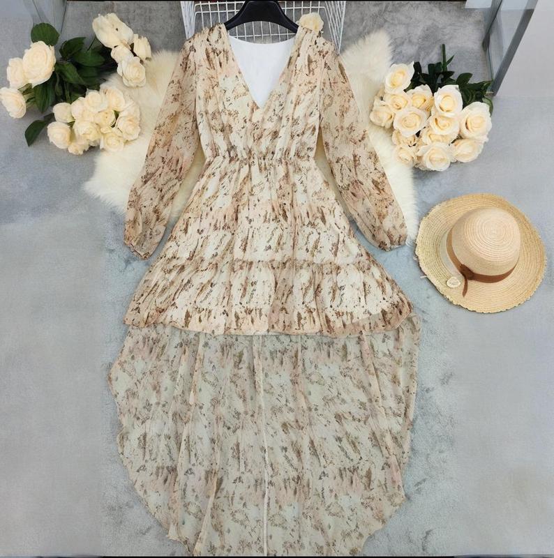 LN1470 スポット 2025 ヨーロッパとアメリカの婦人服ボヘミアン V ネック不規則な裾プリント長袖ドレス|undefined