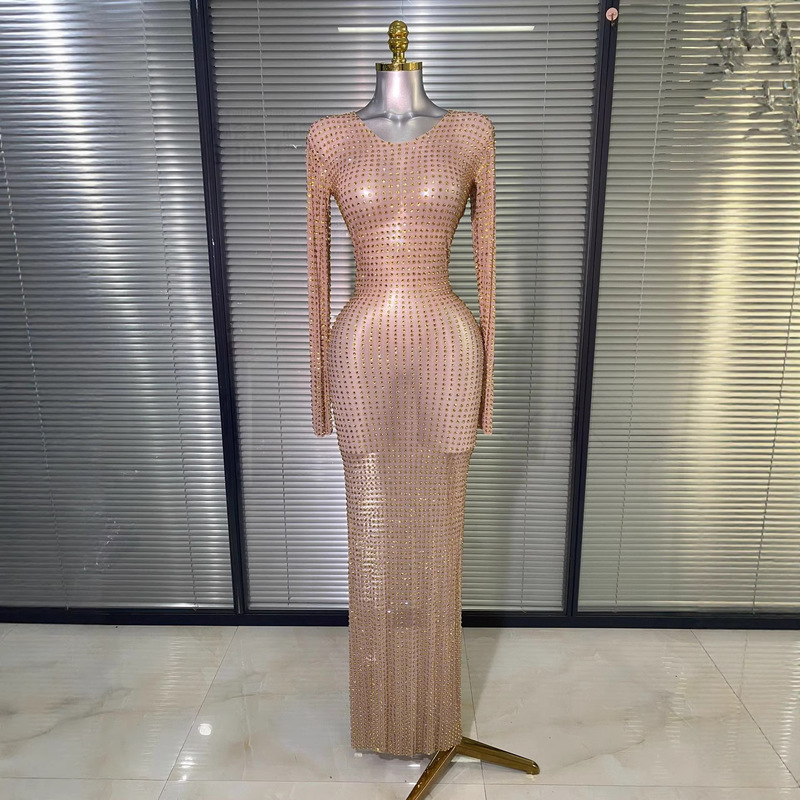 European and American Cross-Border Long-Sleeved Rhinestone Mesh Performance Clothing, Sexy High-Elastic See-Through Prom Dress, Celebrity Stage Outfit European and American Cross-Border Long-Sleeved Rhinestone Mesh Performance Clothing, Sexy High-Elastic See-Through Prom Dress, Celebrity Stage Outfit
