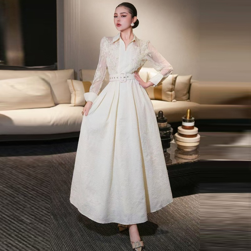 Women's Lapel Collar Long-sleeved Lace Beads Jacquard A-line Long Shirt  Dress | eBay