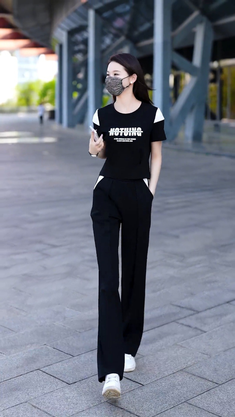 Women's Contrast Color Casual Sports Suit Short Sleeved Top And Wide Leg Pants Two Piece Set Stylish Slimming Trendy 2026_ecoleips.com
