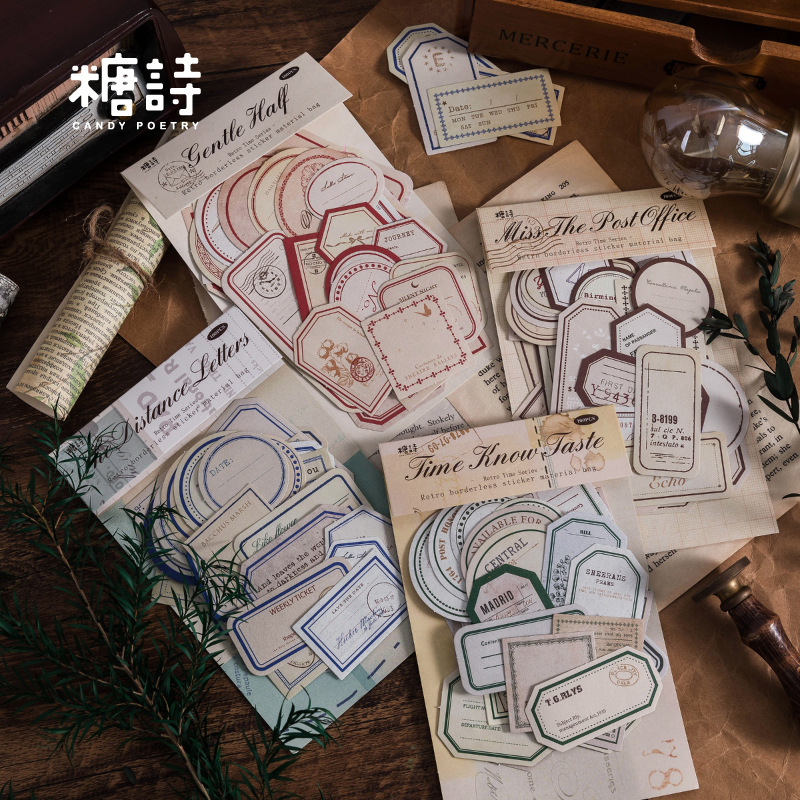 Sugar Poem Sticker Material Package, Retro Time Series, Retro Handnote Material Decorative Stickers 50 Pieces in 4 Styles