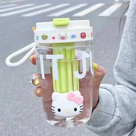 夏日高颜值水杯清新撞色提绳塑料杯随手杯子泡茶杯便携学生可爱