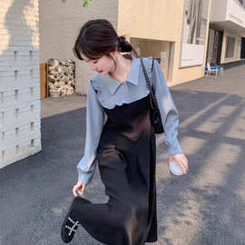法式气质假两件撞色衬衫连衣裙女2025秋季新款韩版收腰显瘦长裙