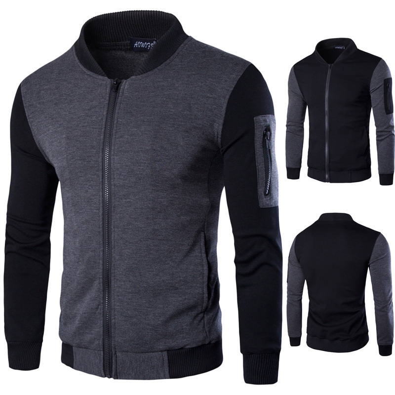 Grey Stitching Baseball Collar Zipper Jacket Coat Muscle Male Student Cardigan Fitness Sports Sweatshirt Color plus size