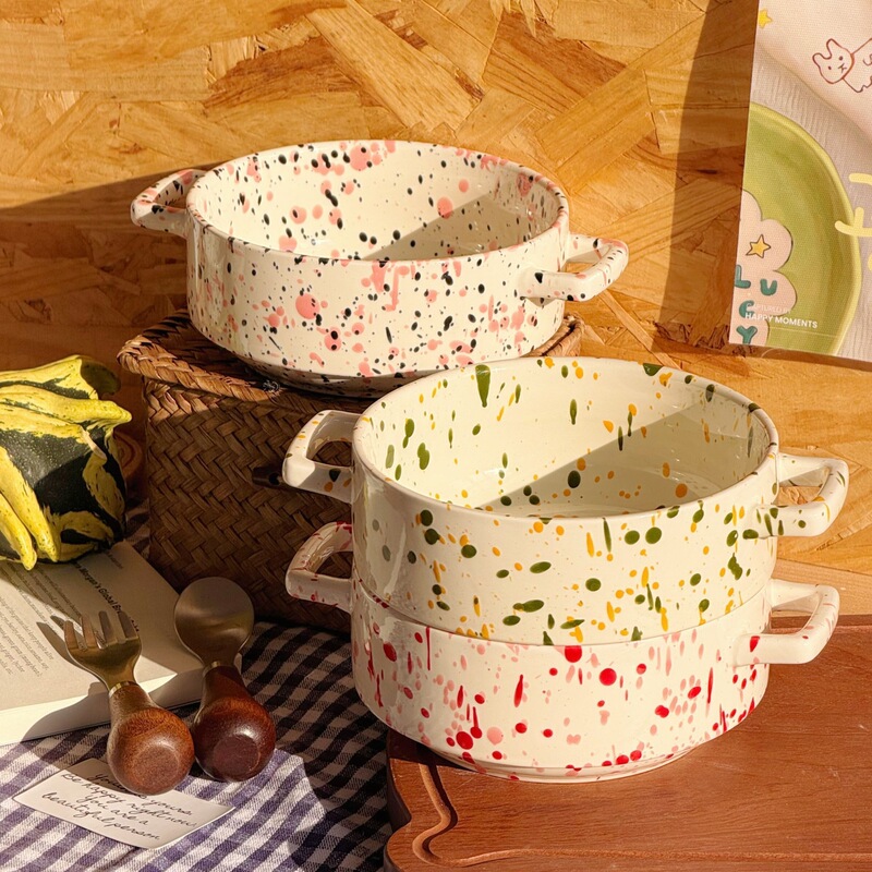 Walnut Market Ins Korean-Style Splash-Ink Breakfast Bowl, Cereal Bowl, Fruit Bowl, Dessert Bowl, Underglaze Colored Ceramic Salad Bowl