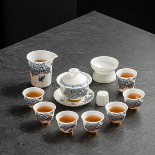 德化冰种玉瓷芳华描金功夫茶具套装家用三才盖碗整套会客泡茶礼盒