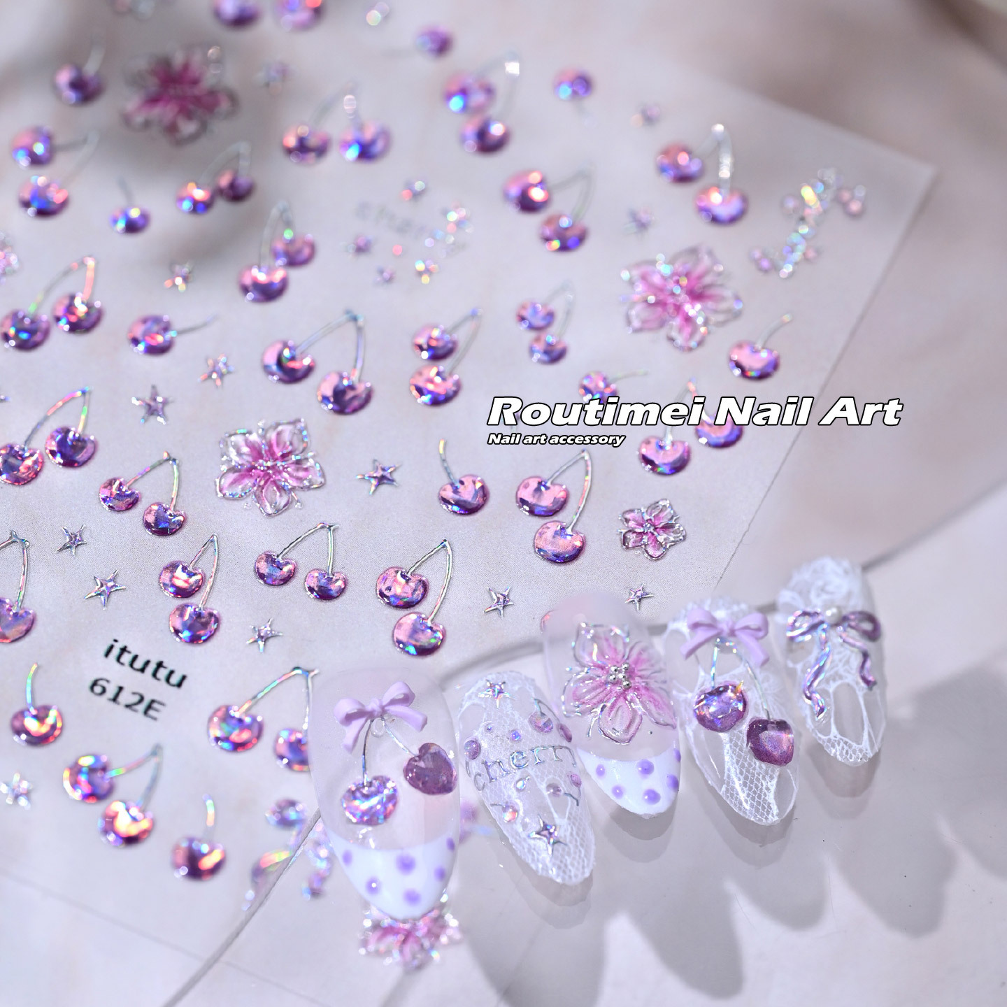 Summer Cherry Dream Fresh Little Flower New Laser Pink 3D Nail Art Stickers Fingertip Fruit DIY Decoration Stickers