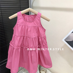 女童連衣裙玫紅休閒度假風女寶寶清涼薄款背心裙子兒童夏款外貿