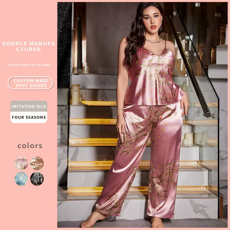 新款欧美风仿真丝睡衣套装时尚印花女士性感睡袍大码休闲家居服