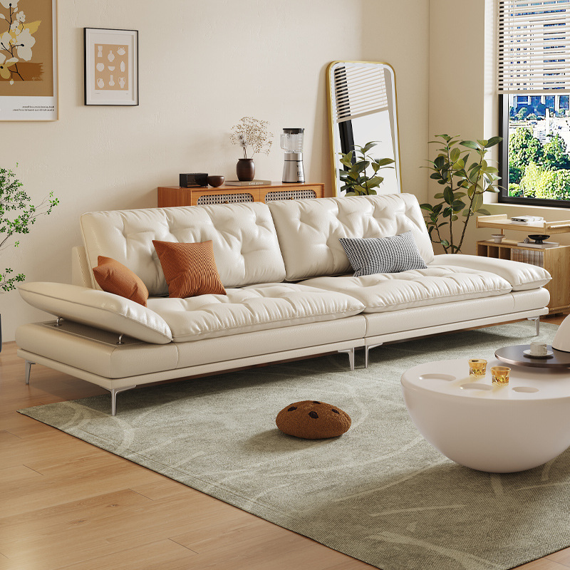Cream Style Leather Sofa Living Room Straight Row Small Apartment Cloud Sofa Adjustable Armrest Light Luxury Cowhide Sofa