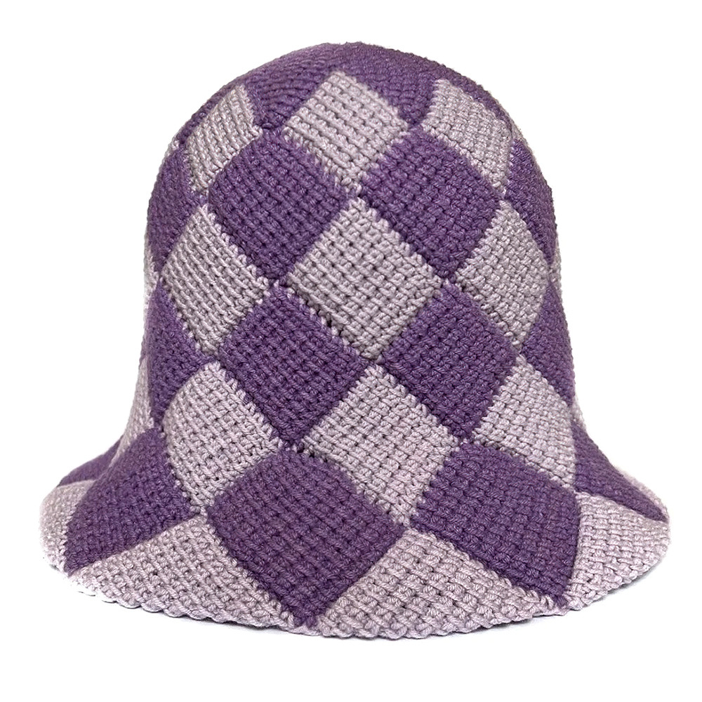 新渔夫帽女四季百搭棉线帽加密钩编针织棋盘格帽时尚休闲手钩帽