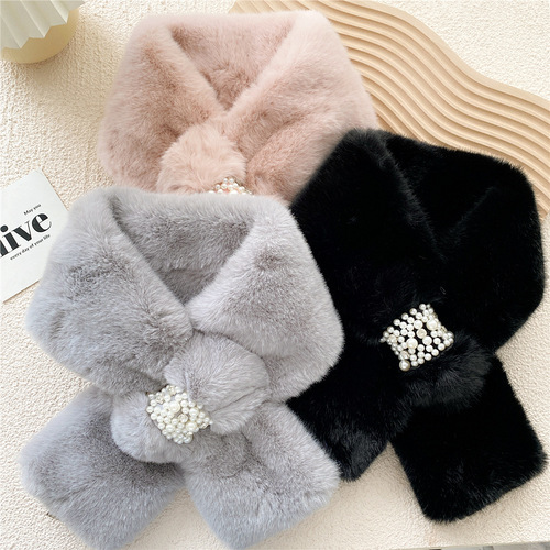 New scarf for women in autumn and winter, Korean version, versatile and warm, Japanese imitation Rex rabbit fur, Internet celebrity plush cross scarf, trendy