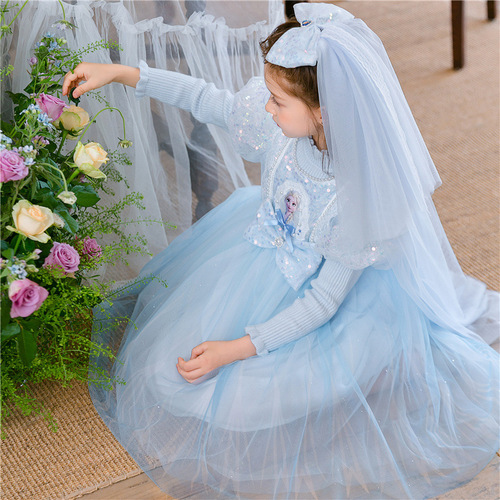 Princess Elsa Dress for Girls, Sweet and Fluffy Autumn Dress with Head Scarf for Little Girls, Elsa-style Skirt