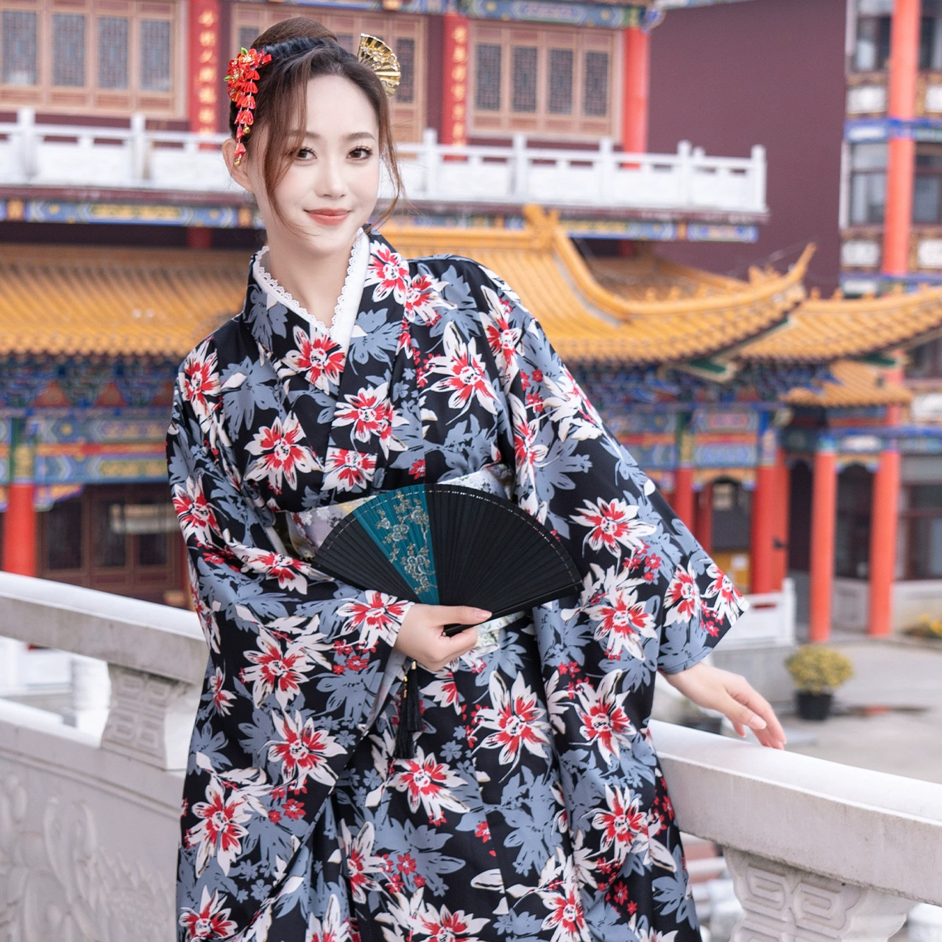 Колокольчик черный кимоно женский японский кимоно улучшенный японский кимоно юката милая девушка путешествия съемки и костюм фиолетовый цветок