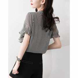 条纹印花荷叶边雪纺衫女夏季新款时尚减龄圆领衬衫百搭短袖衬衣