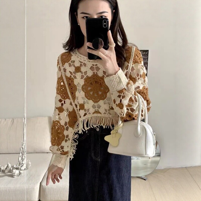 Hollow-out crochet knit sweater for women, new autumn style, color-blocked fringed cardigan, loose long-sleeved top jacket