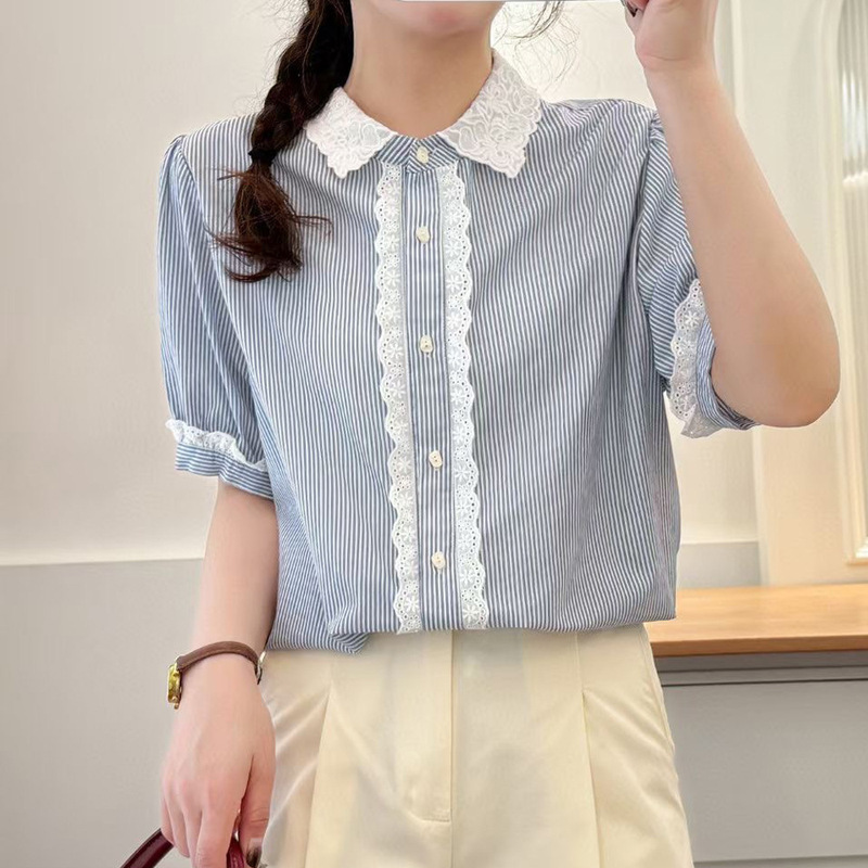 Embroidered Striped Patchwork Short-Sleeve Shirt, Artistic Japanese Mori Girl Style, Turn-Down Collar, Single-Breasted Versatile Cardigan Top for Women