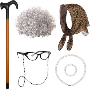 Amazon 100 Days of School Grandma Wig Cos Elderly Grandpa Wife Wig Turban Crutch Set
