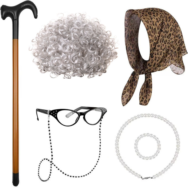 Amazon 100 Days of School Grandma Wig Cos Elderly Grandpa Wife Wig Turban Crutch Set