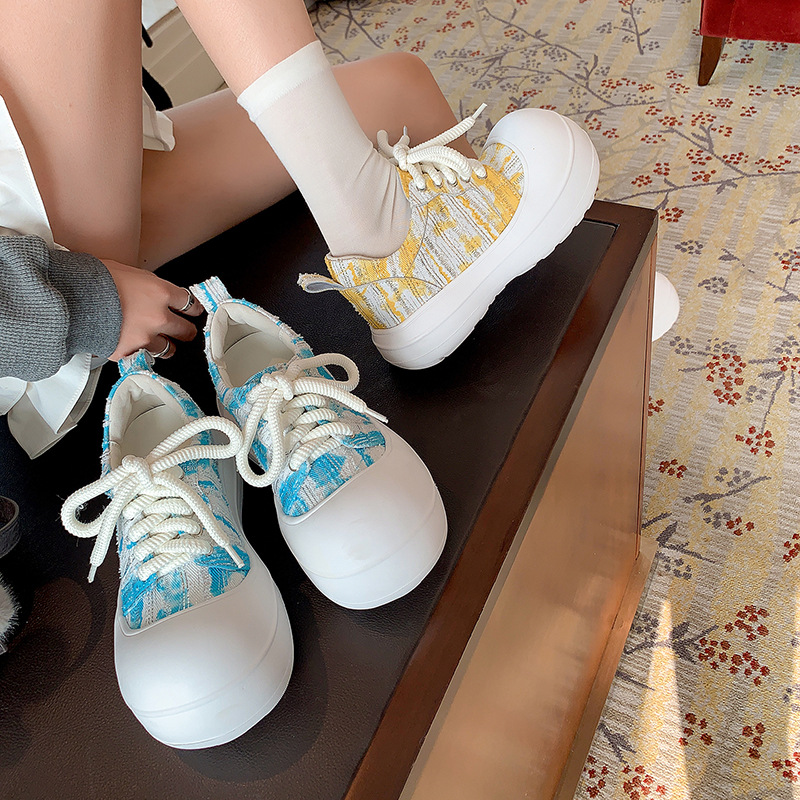 Giày loafer nữ đế xuồng platform 5cm, mũi tròn buộc dây, da thật — xanh lam, màu vàng