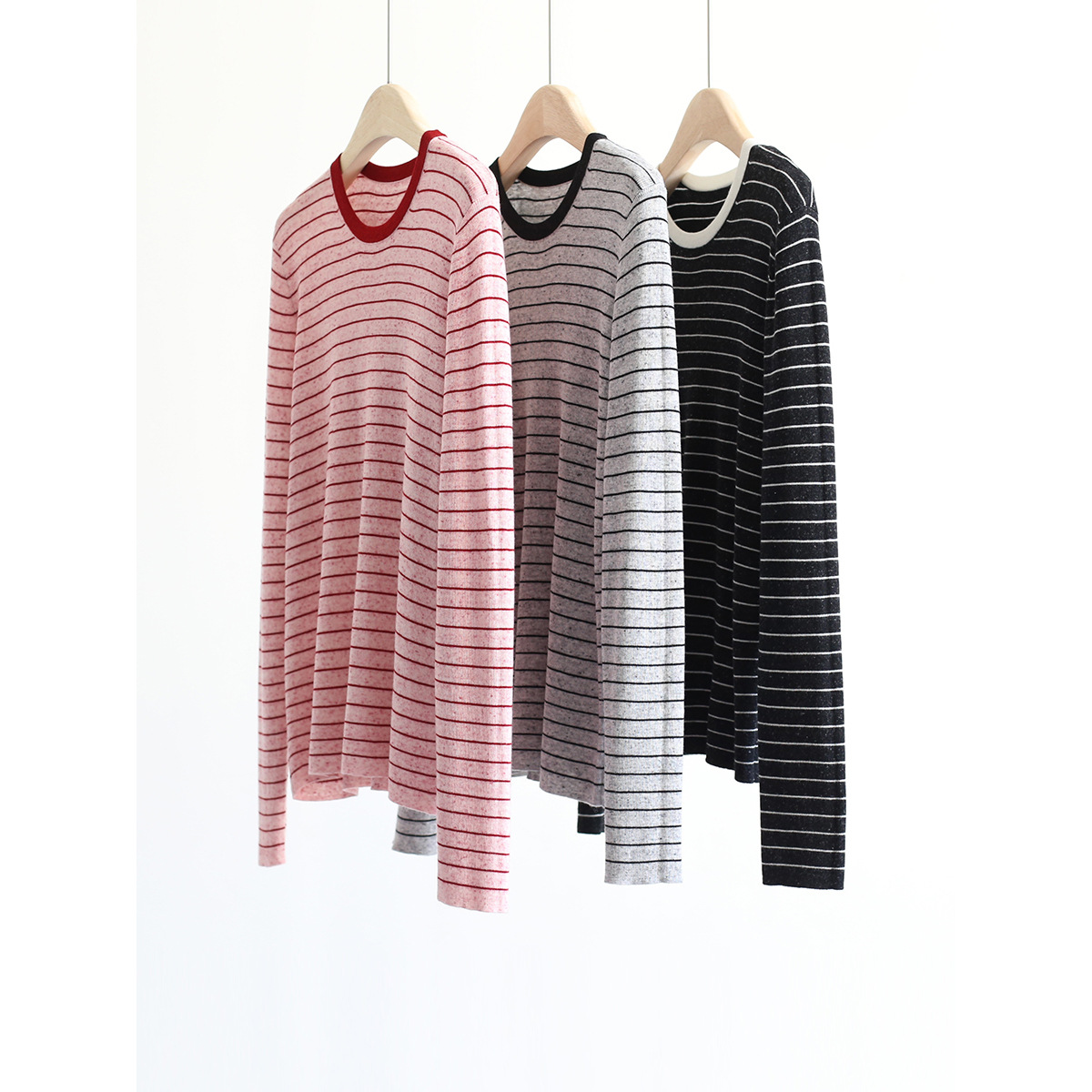 Autumn Korean Style Minimalist Color-Block Striped Crew Neck Long-Sleeve Knit Sweater Loose Versatile T-Shirt Top Colorful Yarn Pullover