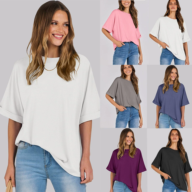 2024 Amazon, летние новые европейские и американские трансграничные женские топы, однотонные свободные женские топы с короткими рукавами для поездок на работу