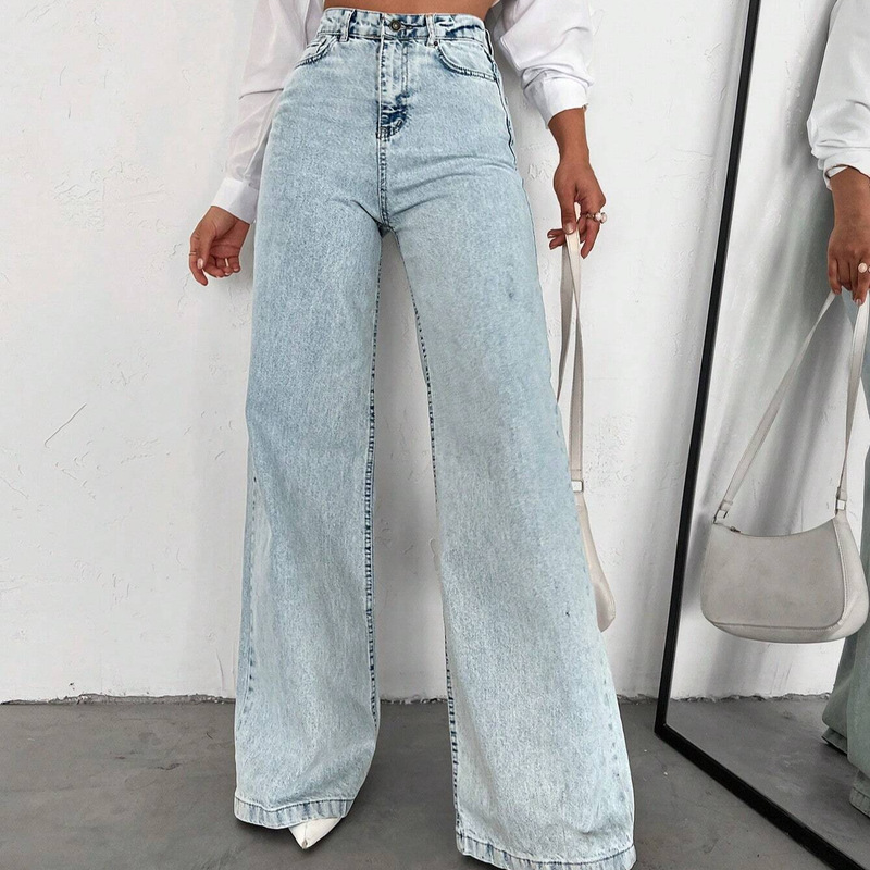 Cross-Border Amazon European and American Popular Street Style Jeans Pure Straight Loose Versatile Wide-Leg Long Pants Washed Denim Jeans Cross-Border Amazon European and American Popular Street Style Jeans Pure Straight Loose Versatile Wide-Leg Long Pants Washed Denim Jeans