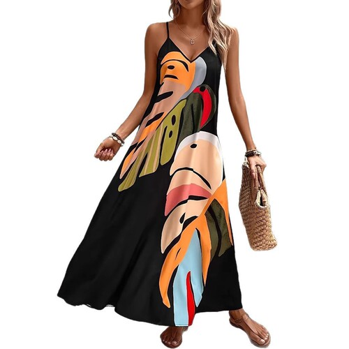 Euro-American Summer Fashion: Comfortable & Casual V-Neck Long Dress with Straps and Vibrant Print