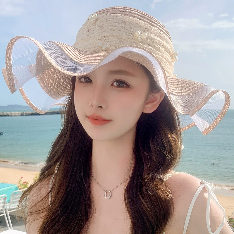 Wavy fresh cute big sun hat solar-powered with bow, wholesale