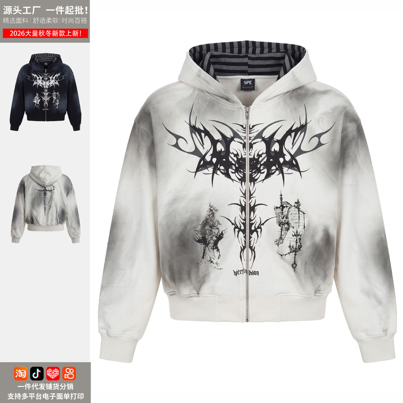 American-style dark tattoo print striped patchwork hooded zip-up sweatshirt jacket for men and women, loose fit, direct from the manufacturer American-style dark tattoo print striped patchwork hooded zip-up sweatshirt jacket for men and women, loose fit, direct from the manufacturer